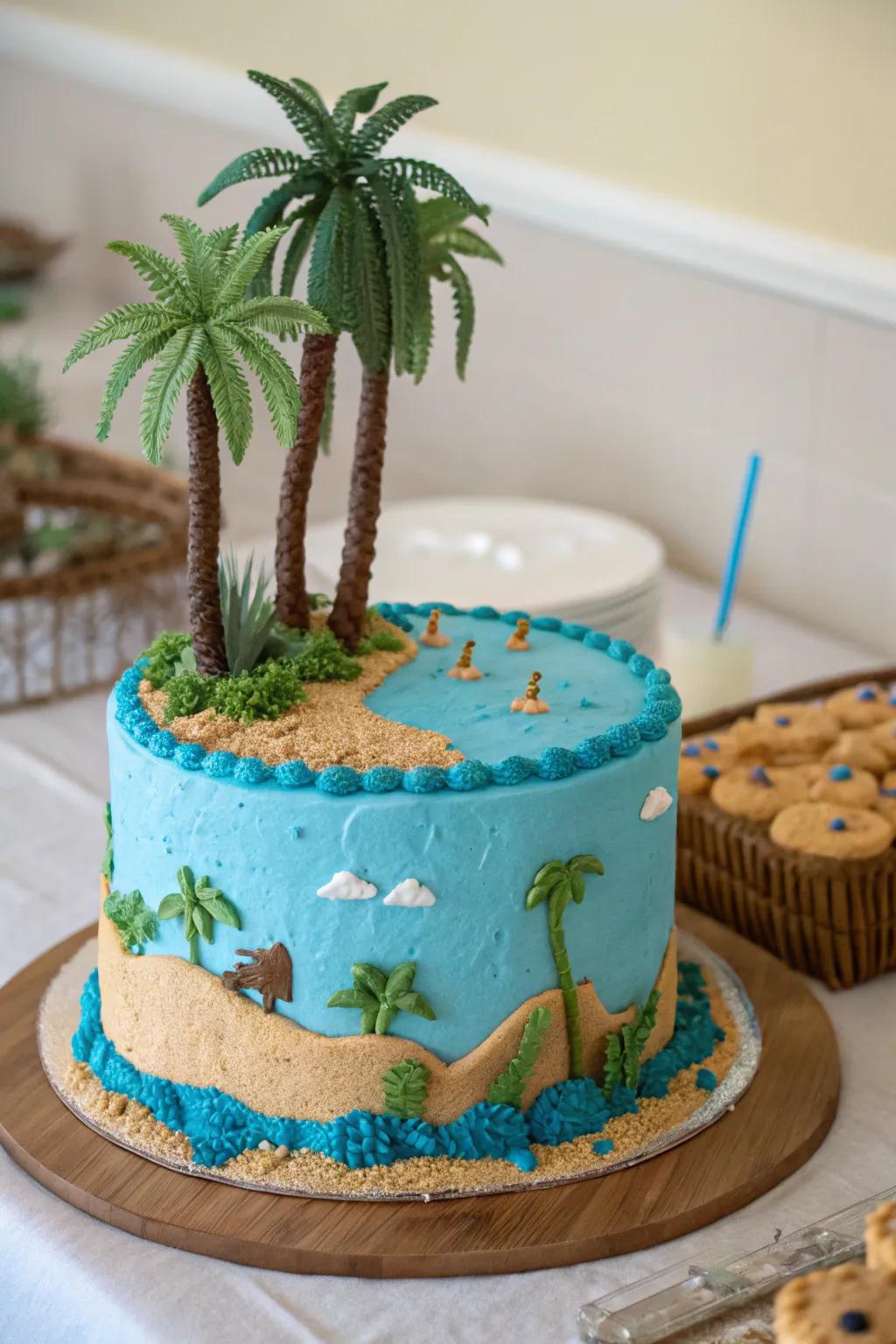Baked good adorned with an arid land spring theme, featuring azure icing and consumable palm flora.