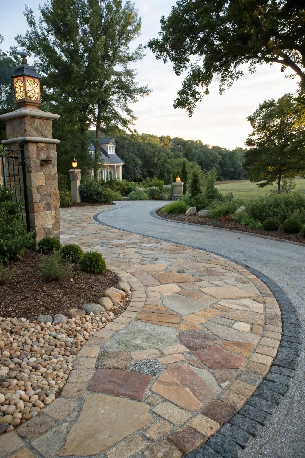 Natural stone infuses sophistication and individuality into this exquisitely crafted driveway.