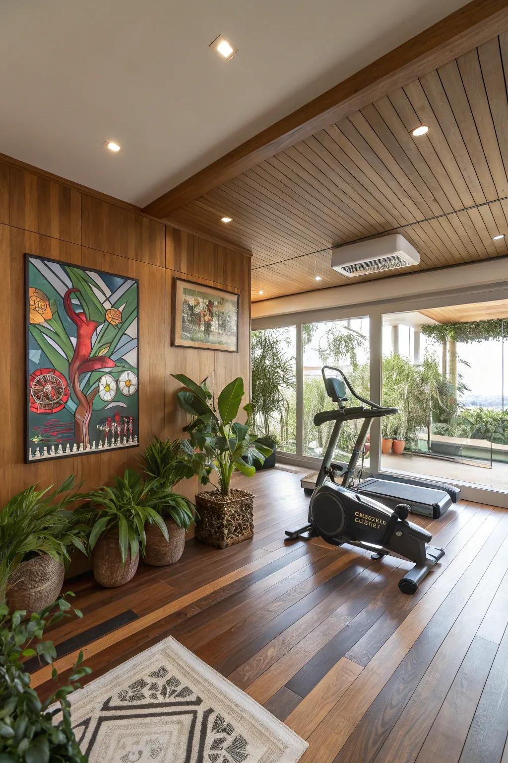 A stylish fitness space decorated with wood features and art, offering a cozy and pleasant atmosphere.