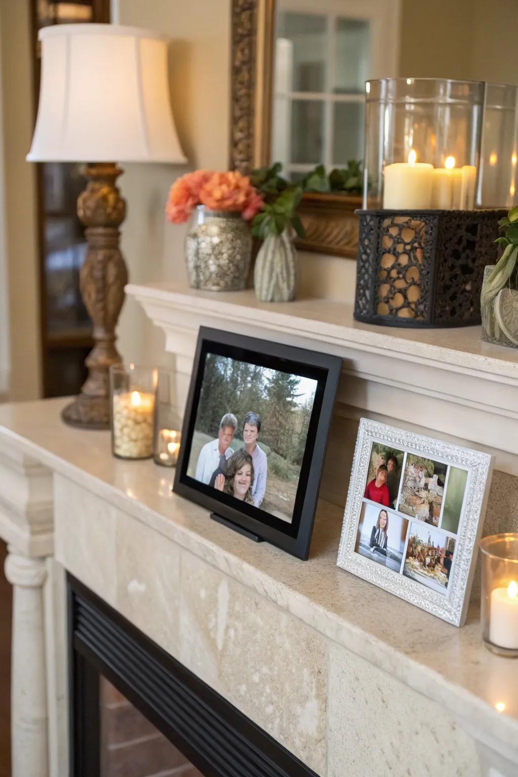 A mantel becomes the heart of the room with a digital display.