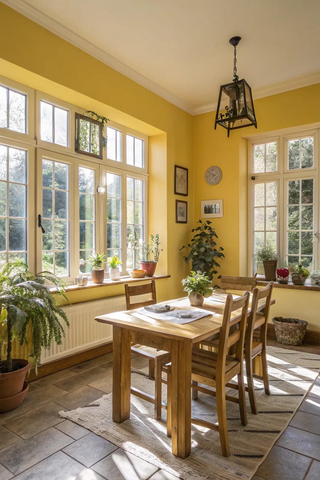 A bright and cheerful dining space illuminated by yellow tones.