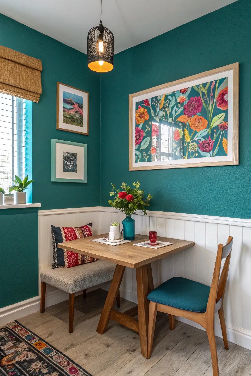 Bold colors bring a lively touch to dining room corners.