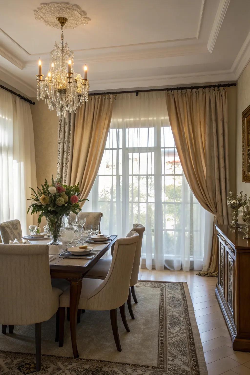 Window coverings that enhance natural light in the dining area.
