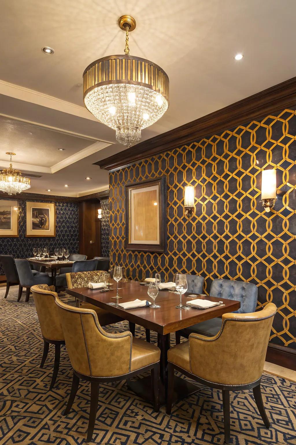 Striking wallpaper adds depth and character to the dining space.