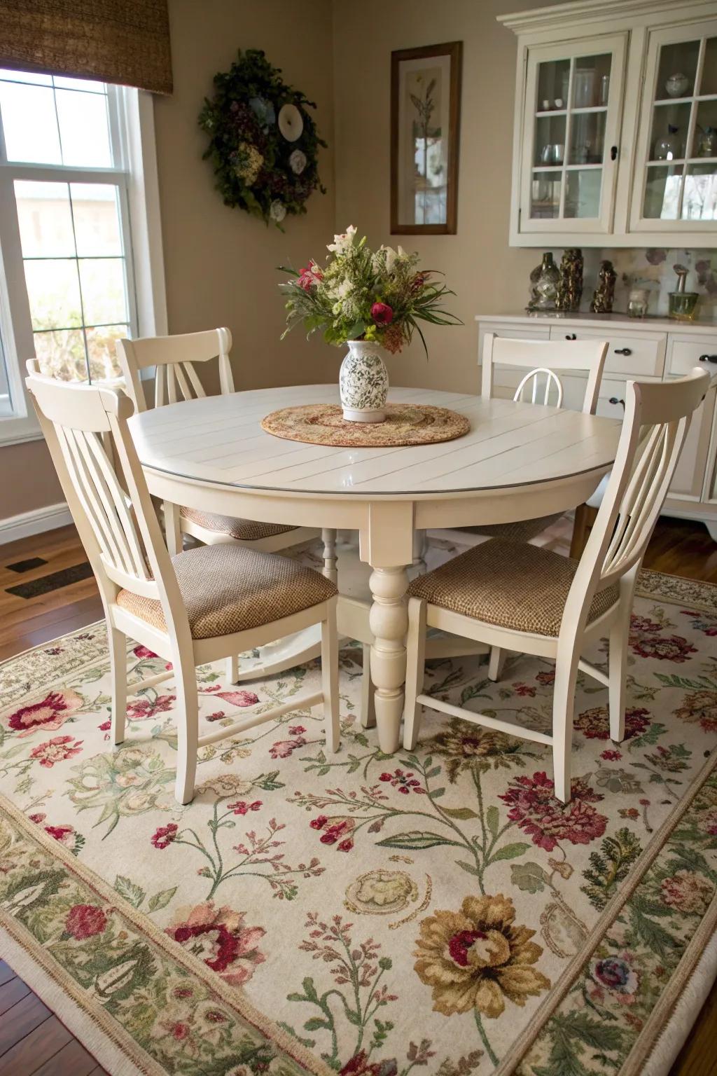 Floral patterns bringing a fresh and lively vibe to the dining room.