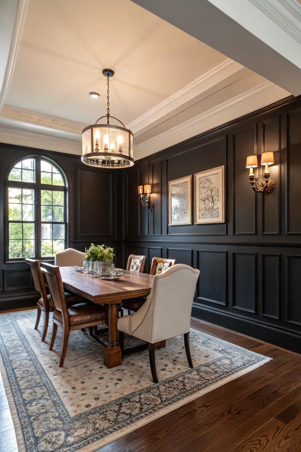 High contrast wainscoting creates a dramatic and stylish effect.
