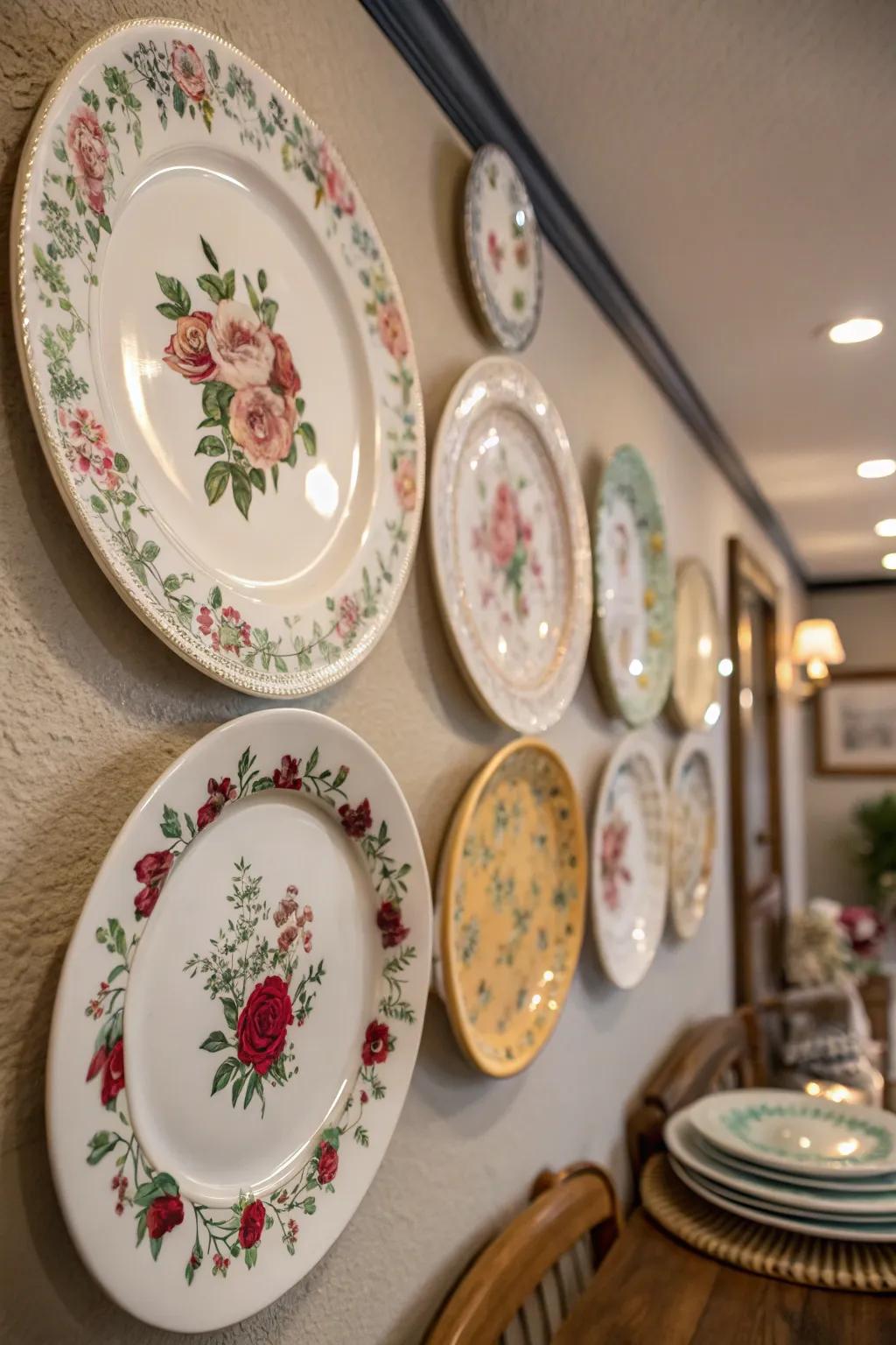 Botanical-patterned plates contribute an organic and welcoming sensation.