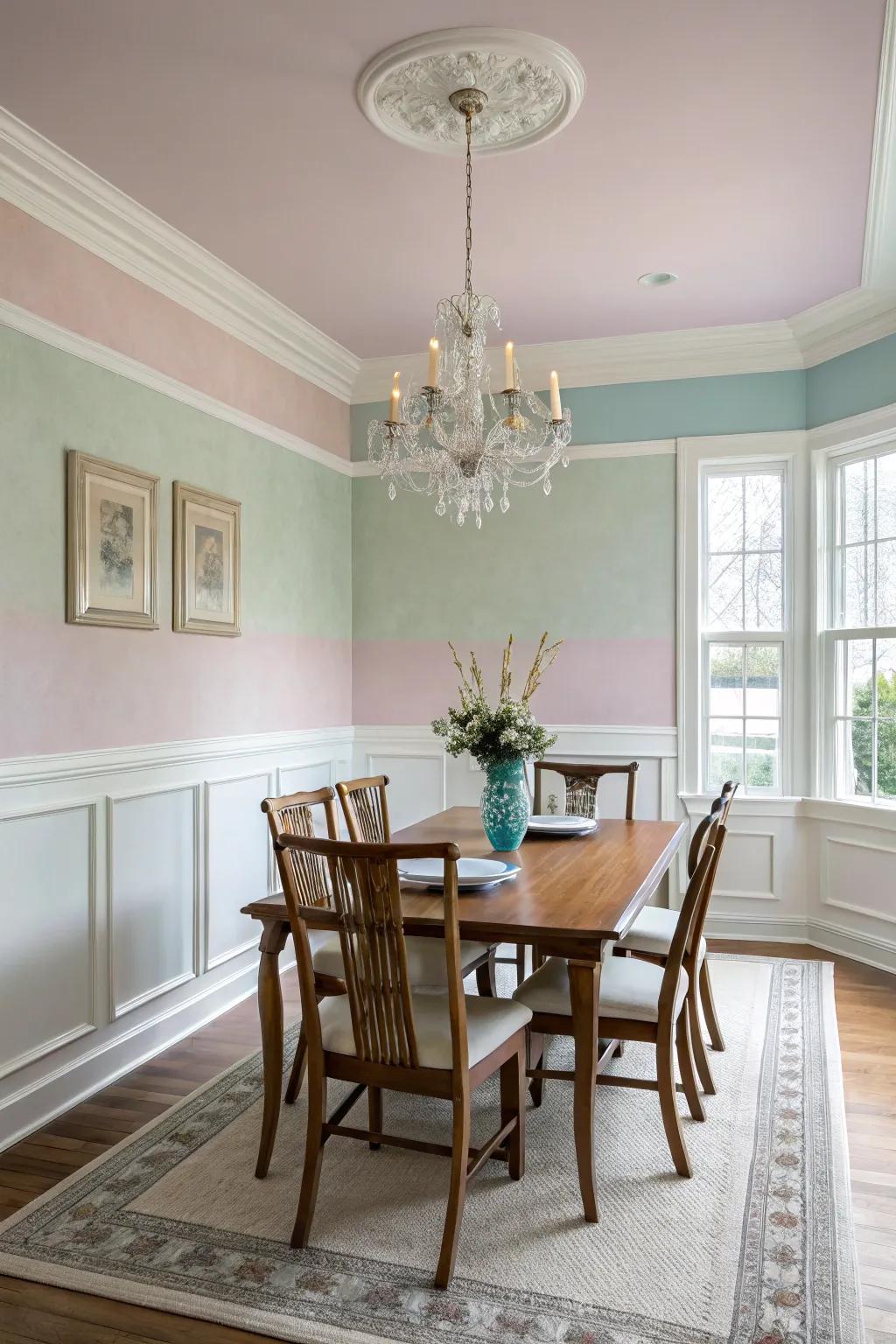Soft pastels craft a peaceful and welcoming dining atmosphere.