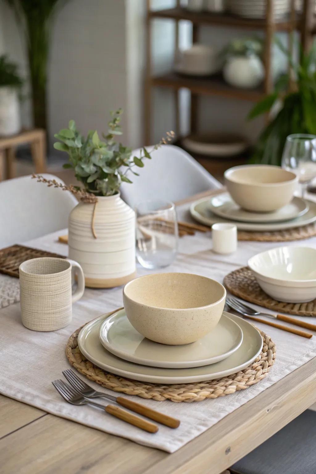 Neutral tones offer a versatile and elegant touch to any dining table setting.