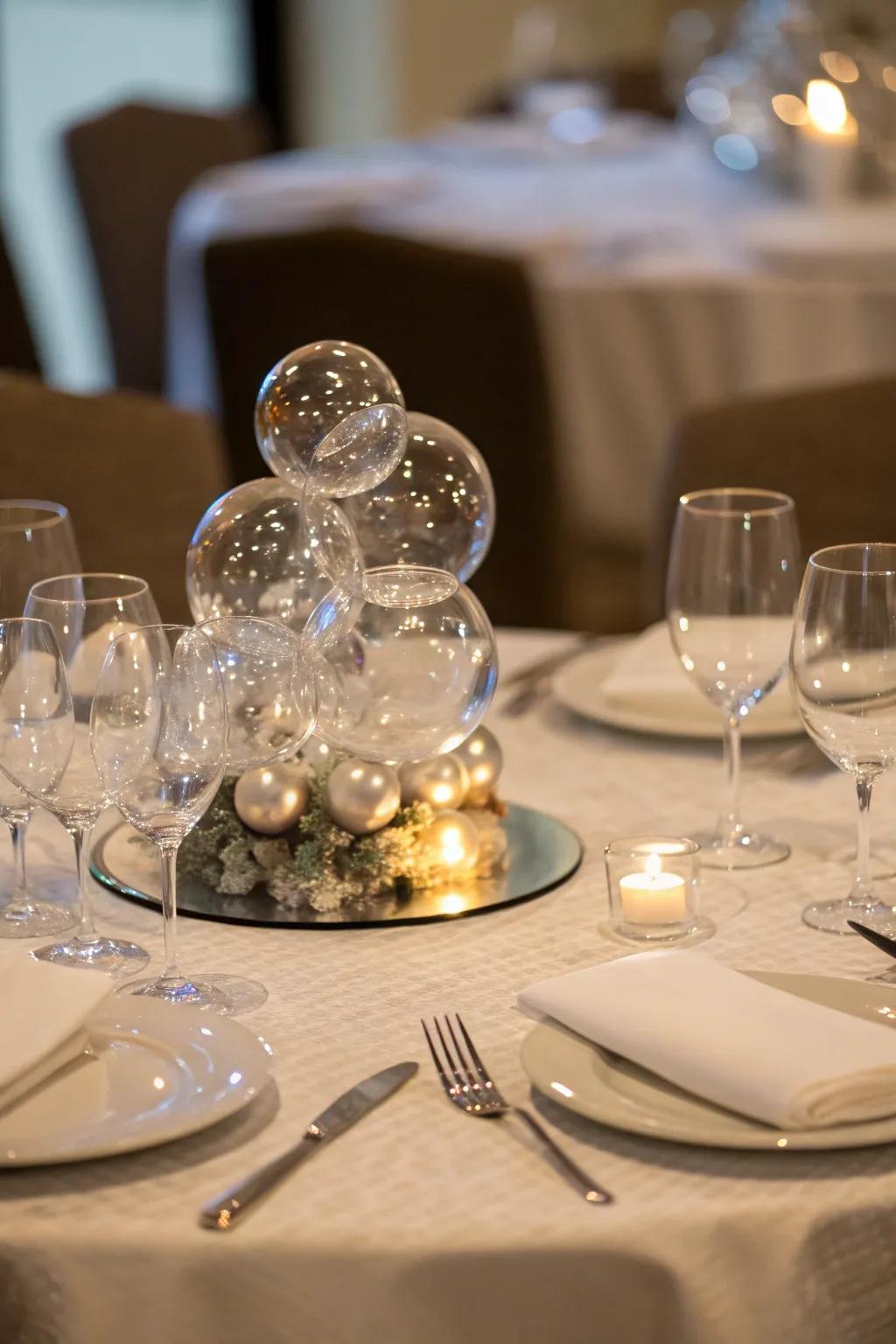 A distinctive showpiece featuring crystal spheres adds interest to the table.