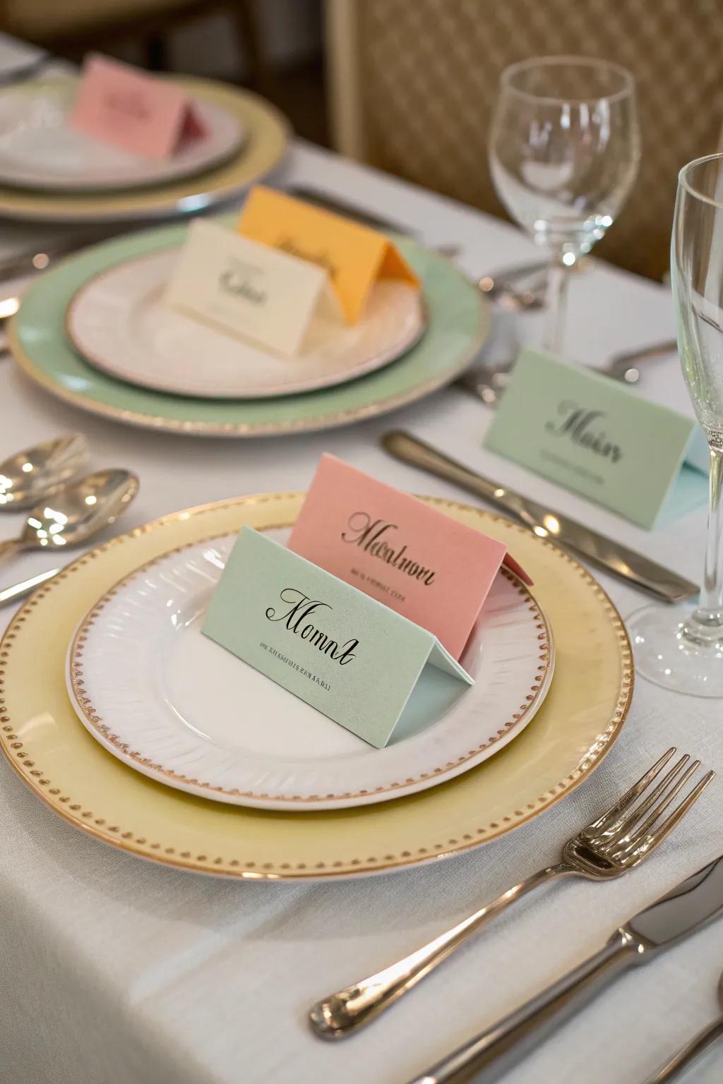 Establish balance through seating cards with coordinated colors.