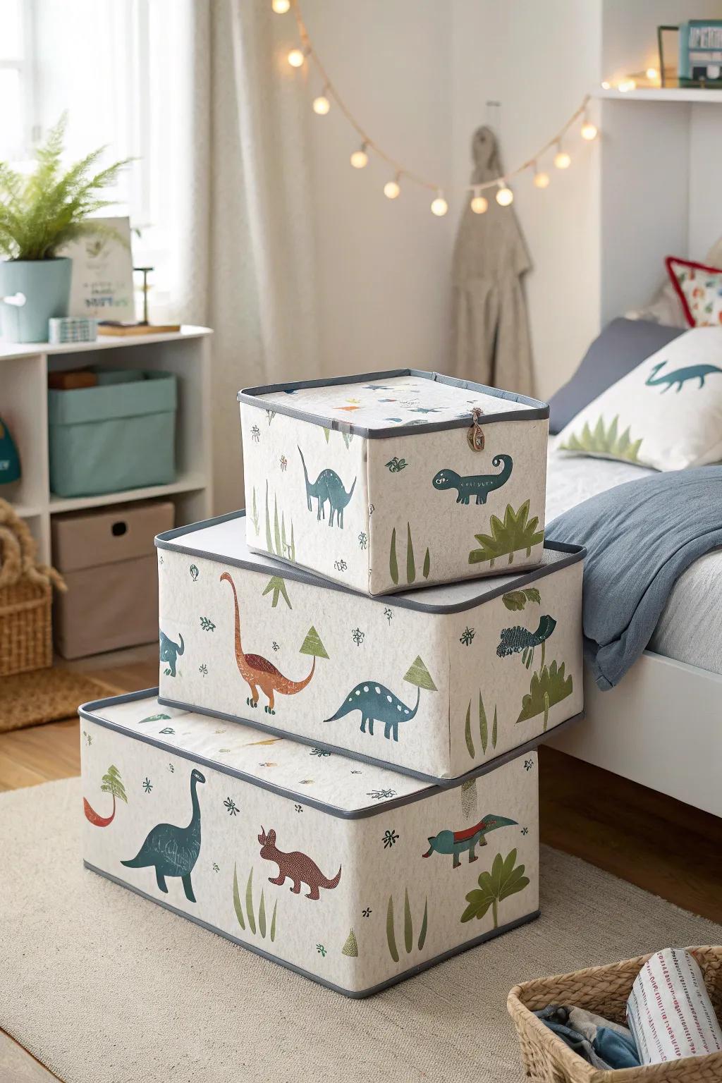 Ferocious lizard-printed space-saving boxes maximizing underbed space.