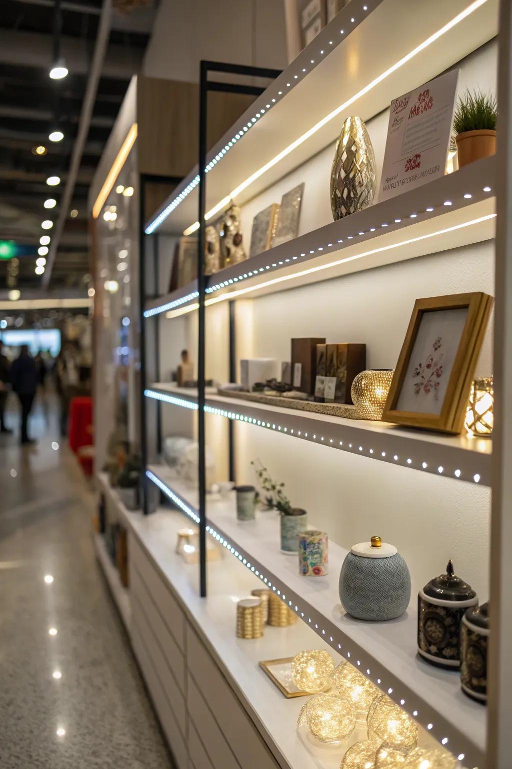 Integrated lighting elevates shelf displays.