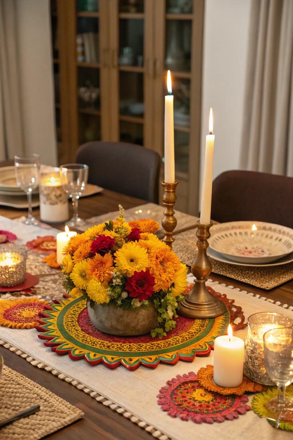 An exquisite centerpiece enhances any Diwali table.