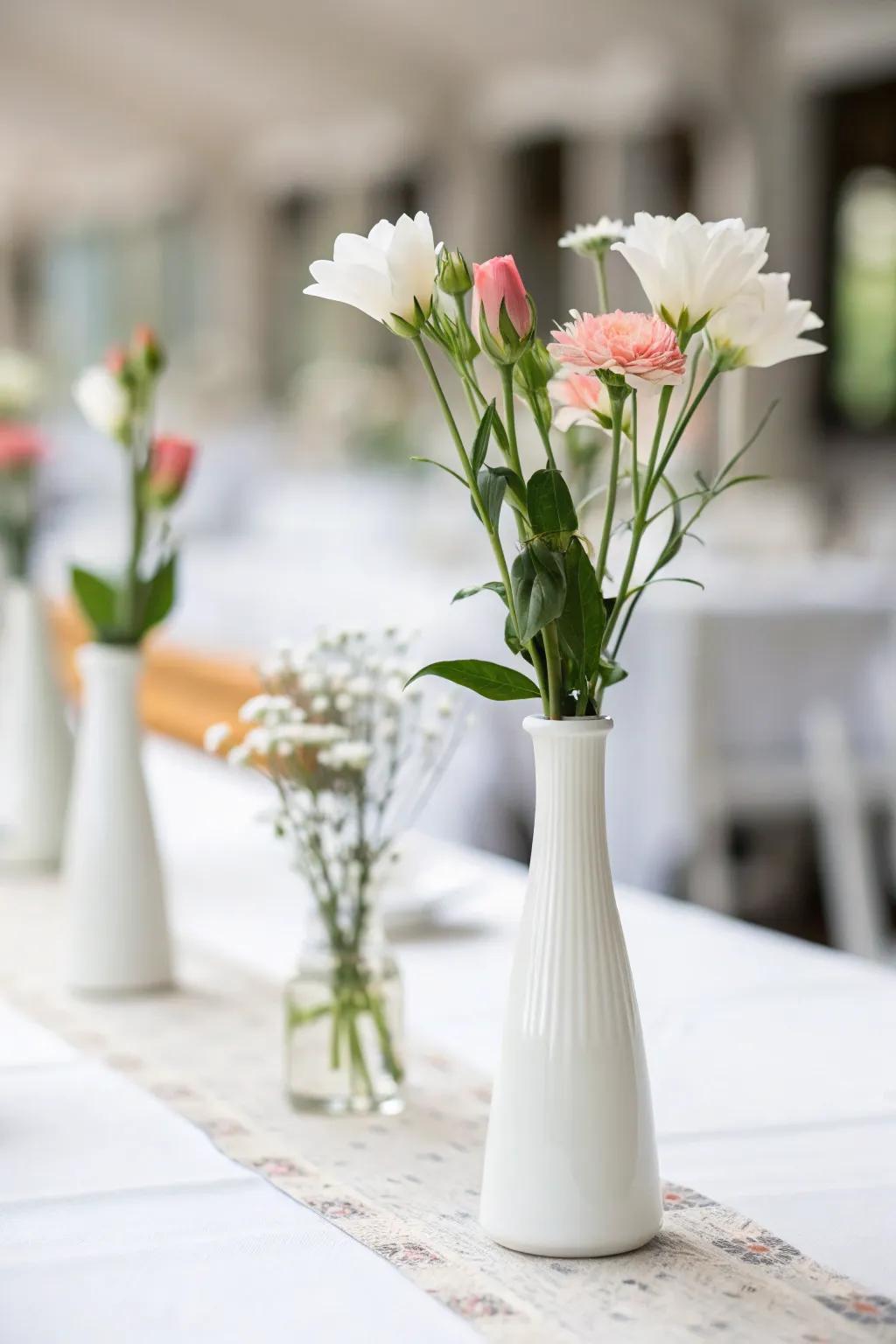 Minimalist elegance with single-stem vases.