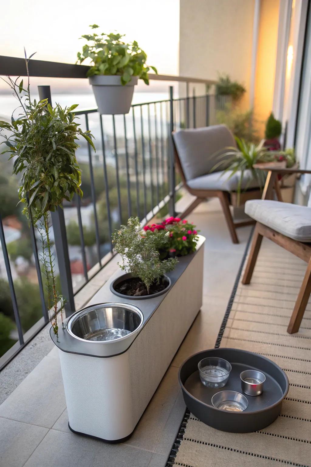 Stylish water stations keep dogs hydrated and the balcony tidy.
