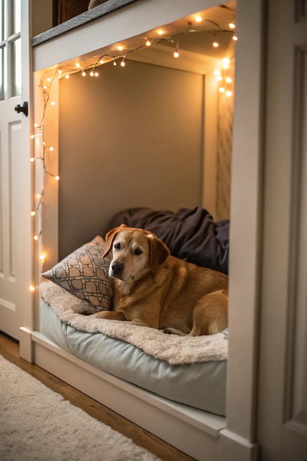 A comfortable corner turned into an inviting dog nook through gentle bedding.