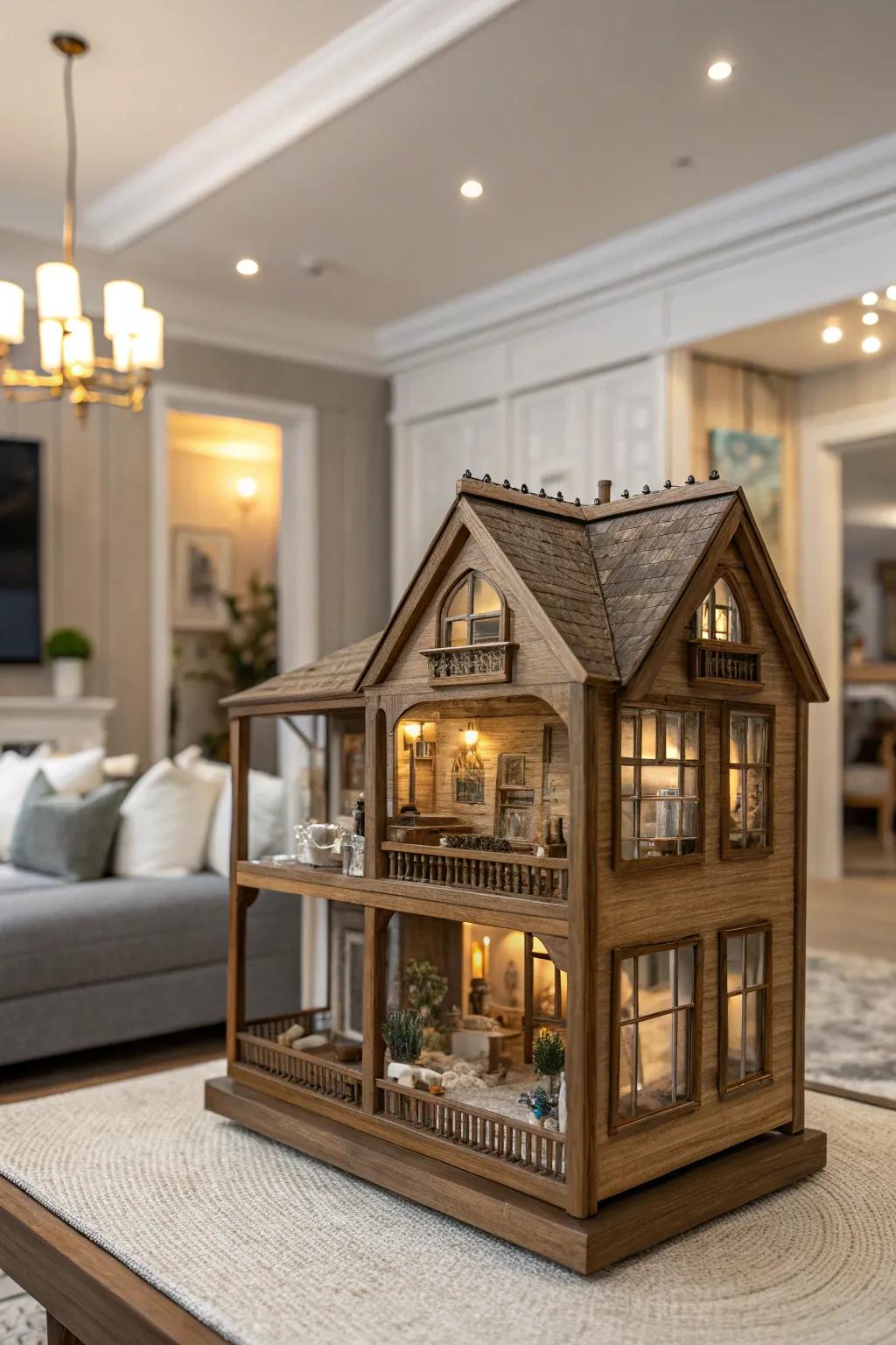 Wooden frames contribute elegance to dollhouse arrangements.
