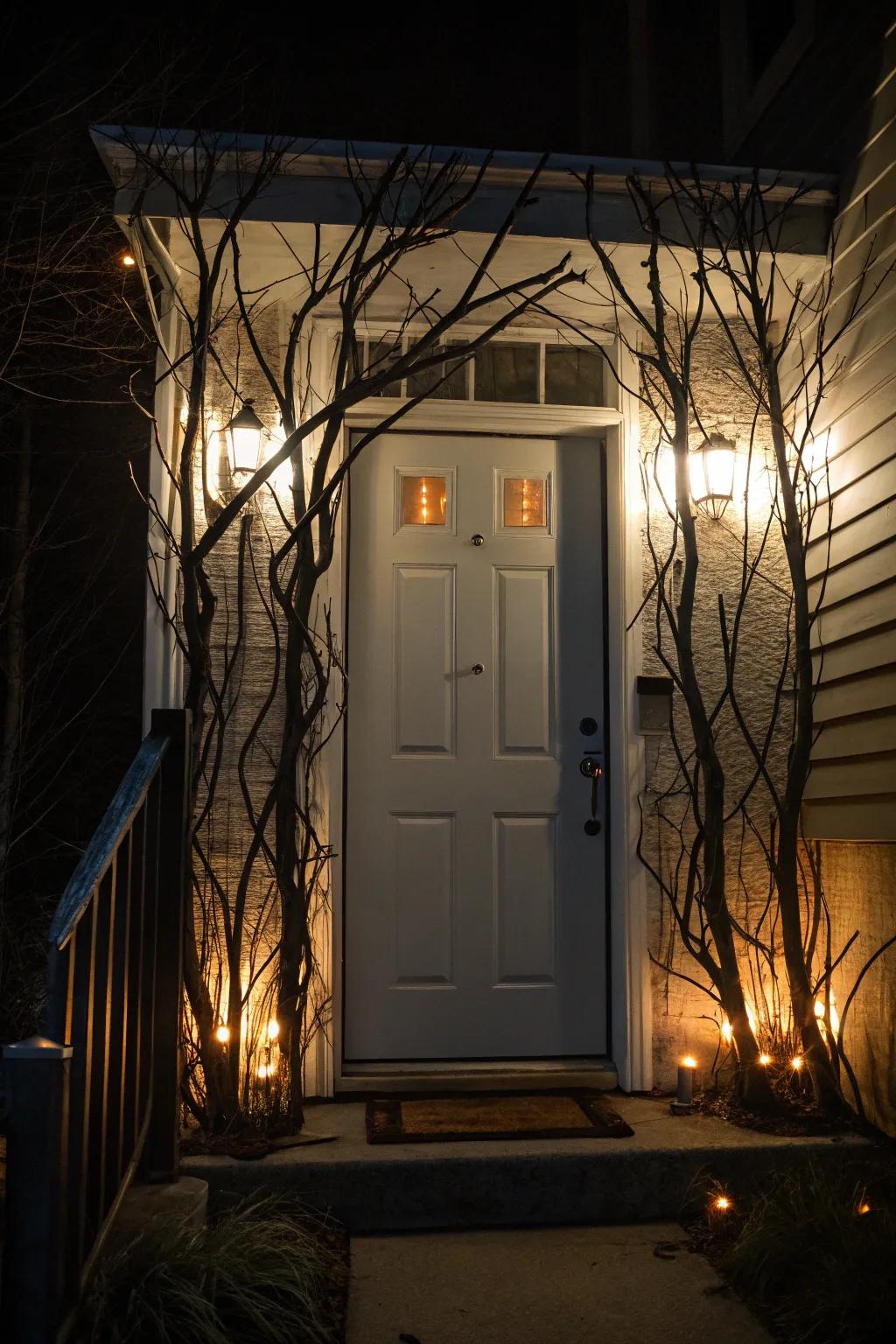 A haunted grove-themed door decoration for Halloween.