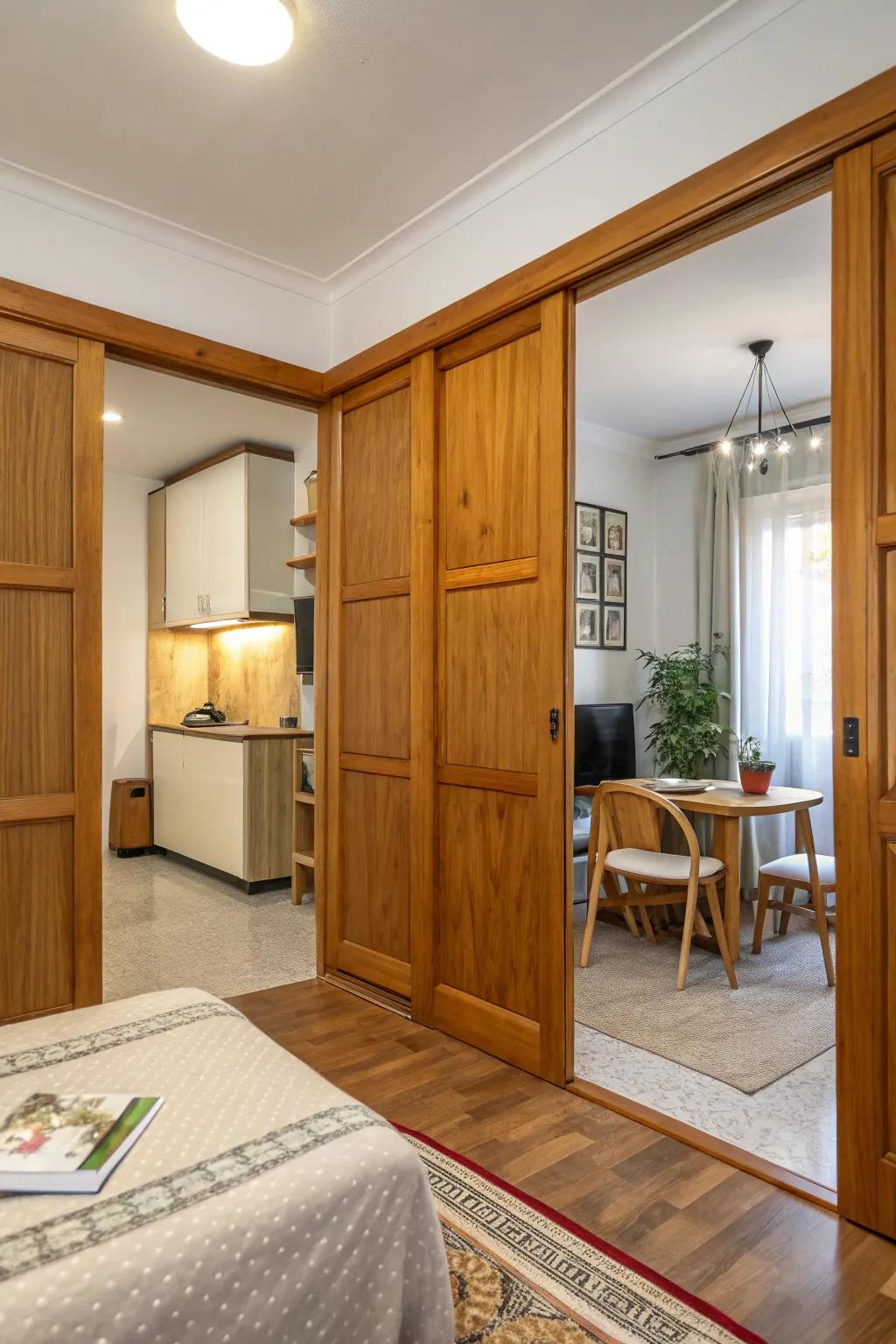 Warm wood panel doors enhance the cozy ambiance of this versatile studio apartment.