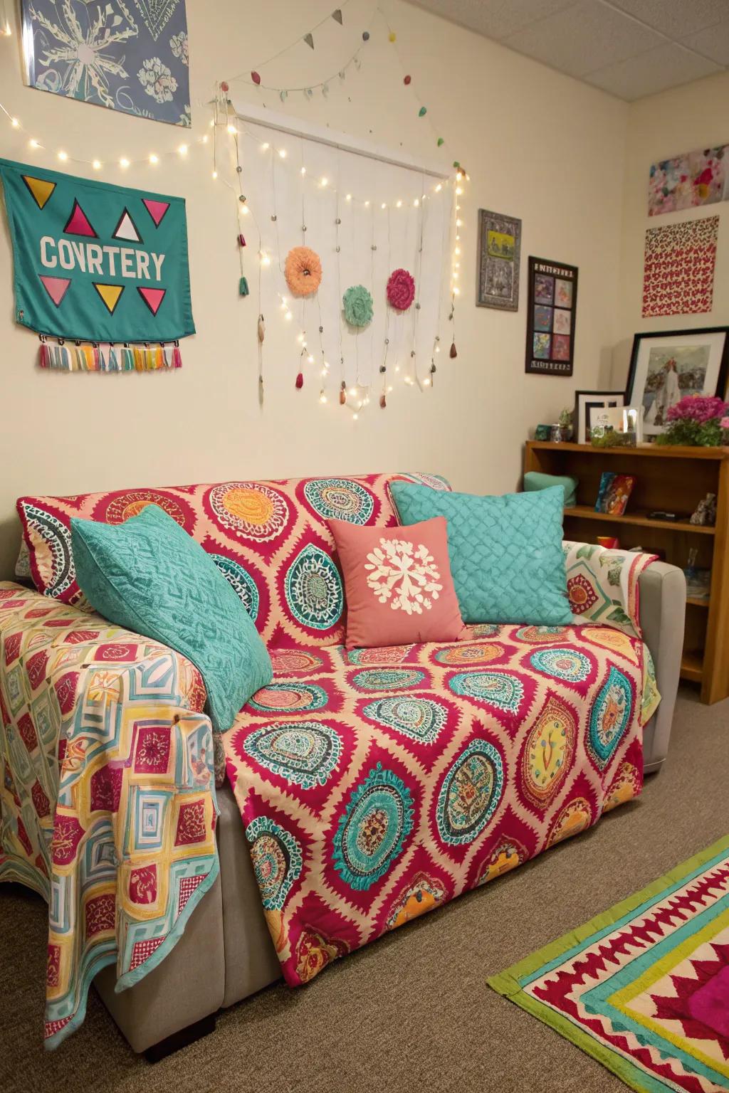 Unique couch covers bring a personal touch to this dorm.