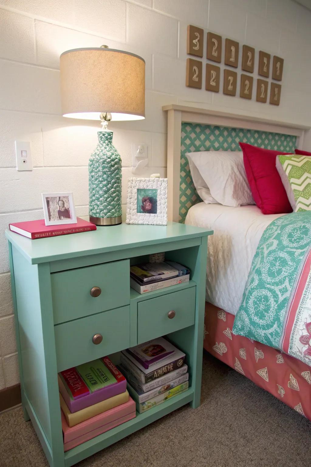 A unified color scheme ties the entire dorm room together beautifully.