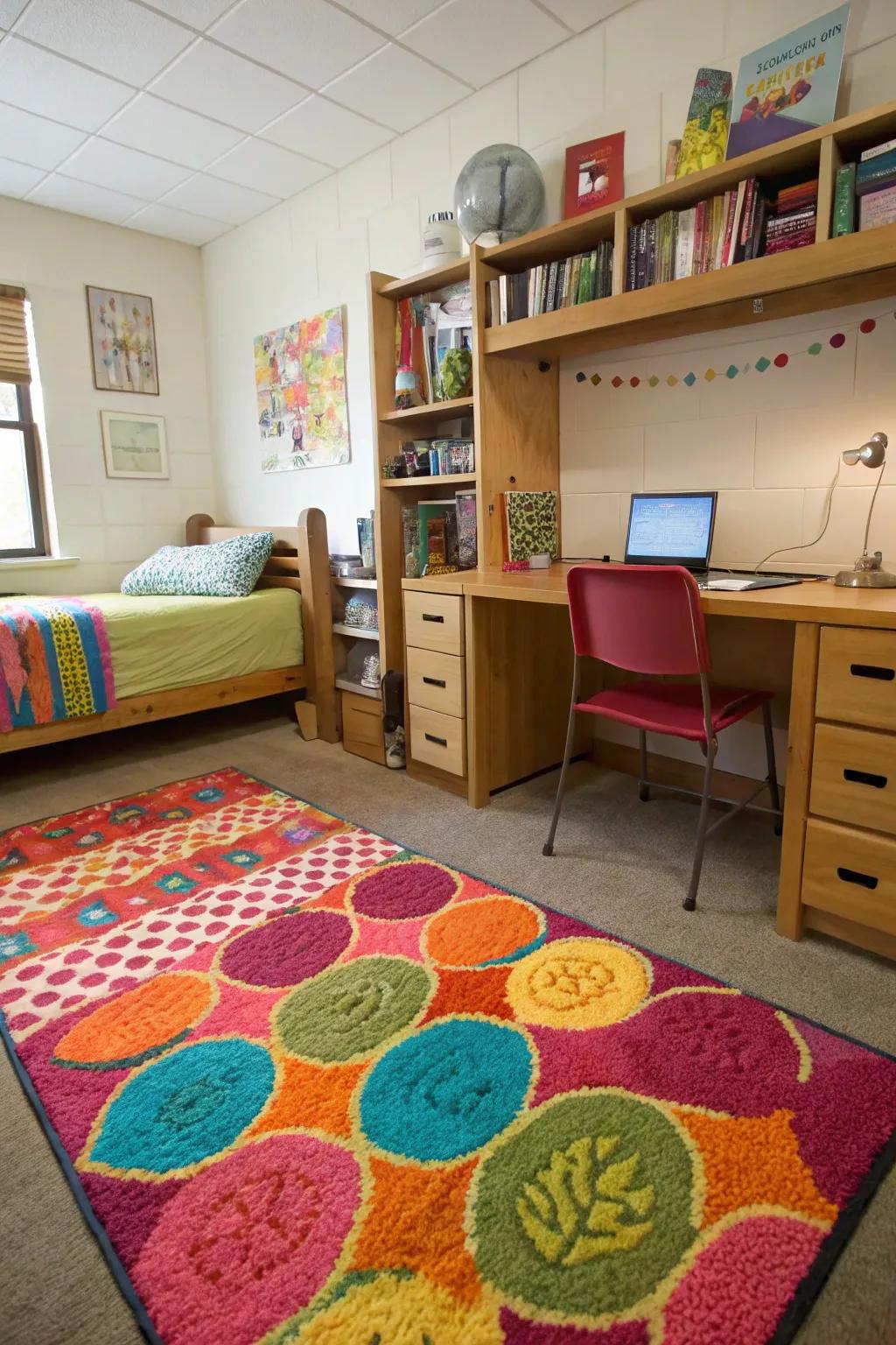 A floor covering adds warmth and character to any college room.