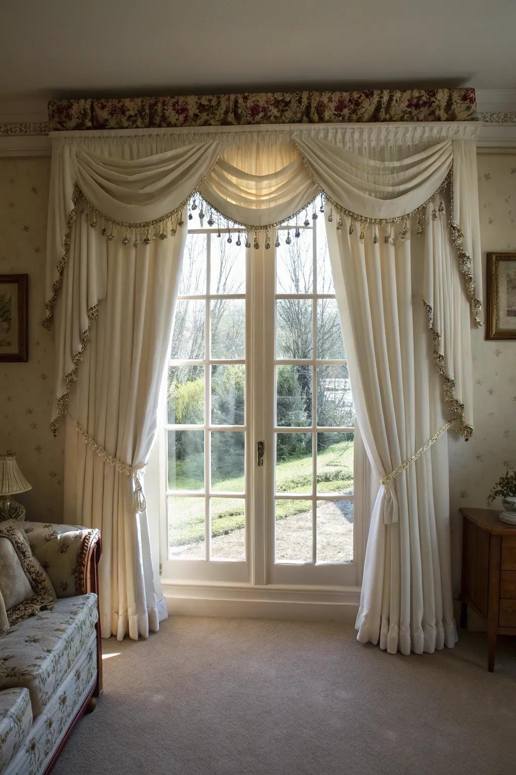 A valance adds an elegant finishing touch to these beautifully layered curtains.