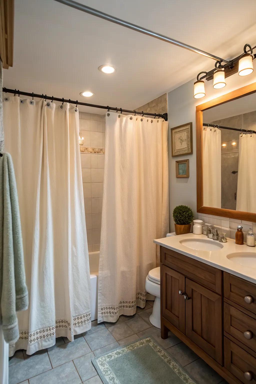 Soft drapes elevate the mood of a bathroom.