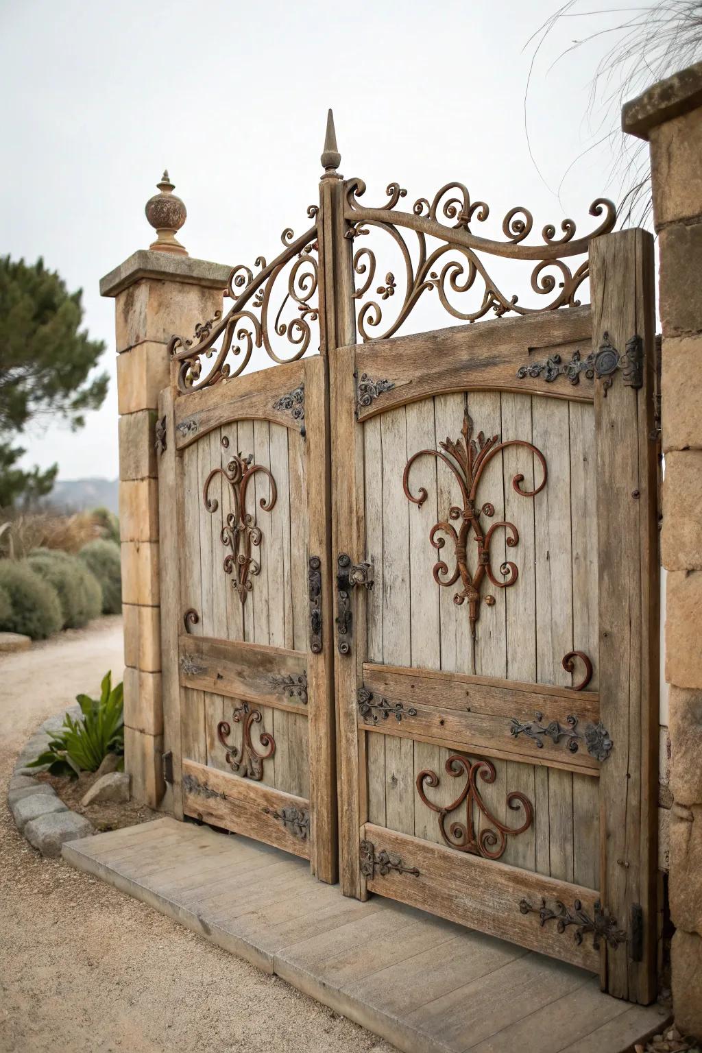 Classic metal embellishments bring rustic sophistication to this lumber entrance.