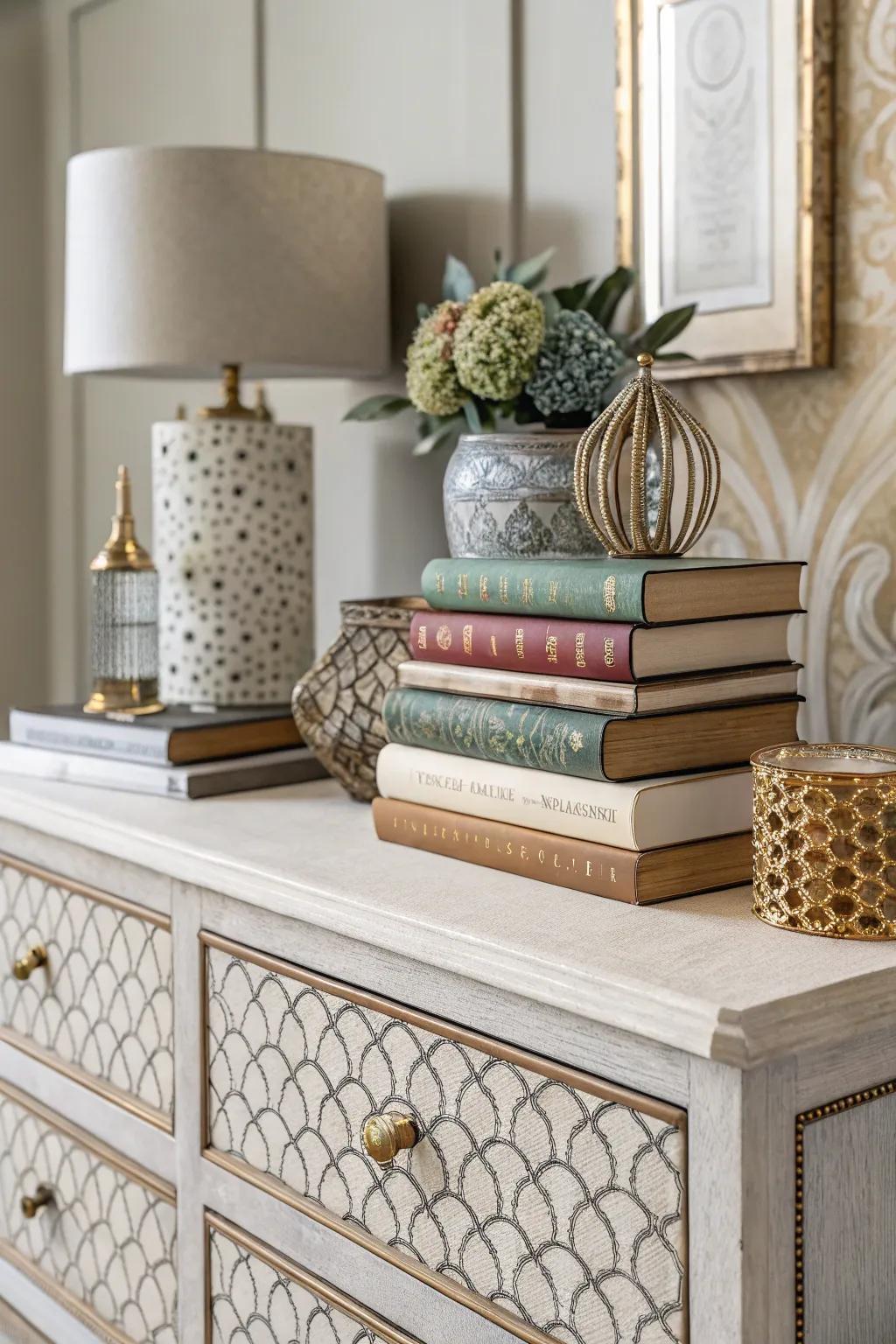 Books add height and visual appeal to the dresser's decor.