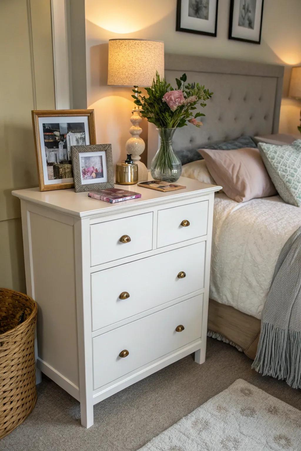 A dual-purpose dresser functioning as both storage and a vanity in a small bedroom.