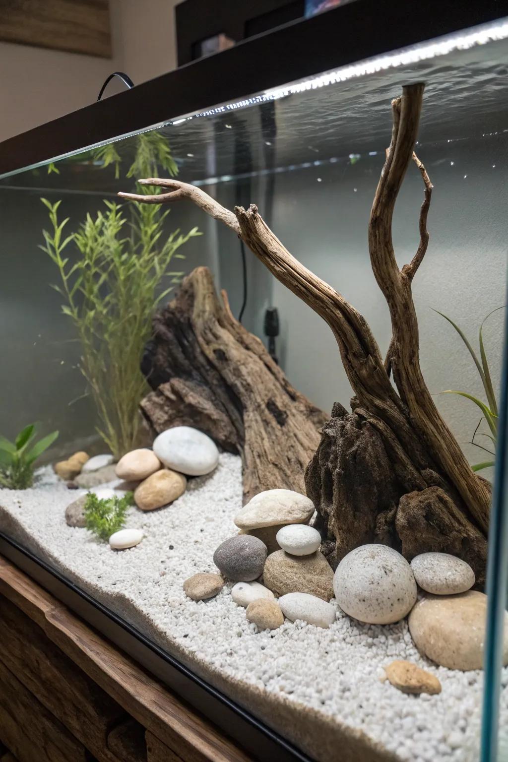 A tranquil Zen garden aquarium with minimalist timber and smooth stones.