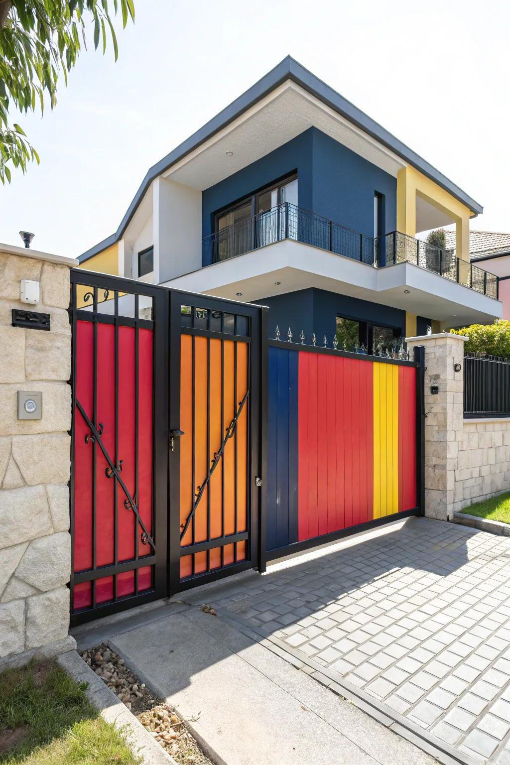 A boldly colored gate that creates a memorable entrance statement.