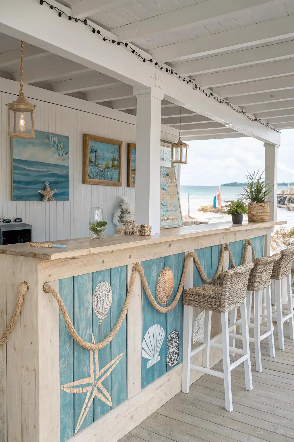 Cool seaside elements introduce a coastal ambiance to your bar.