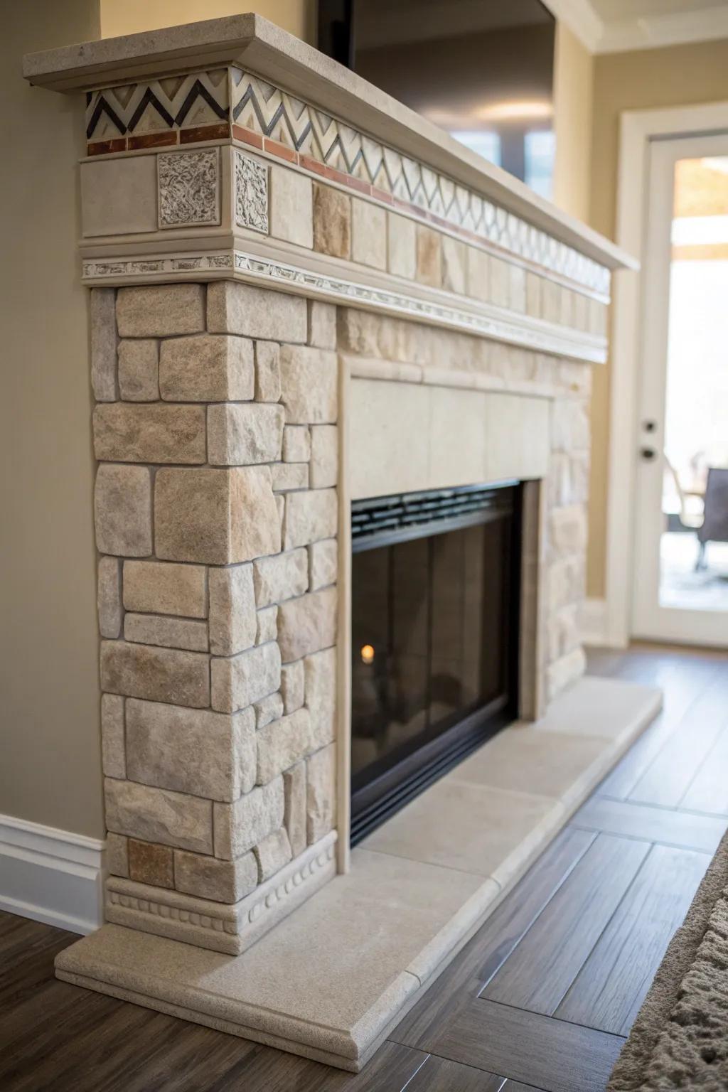 Rock details add feel to a drywall fireplace.
