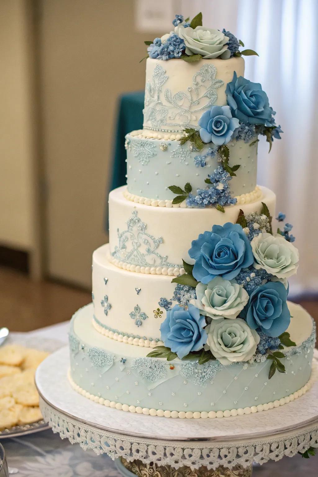 An exquisite wedding cake adorned with dusty blue details, perfect for a sophisticated celebration.