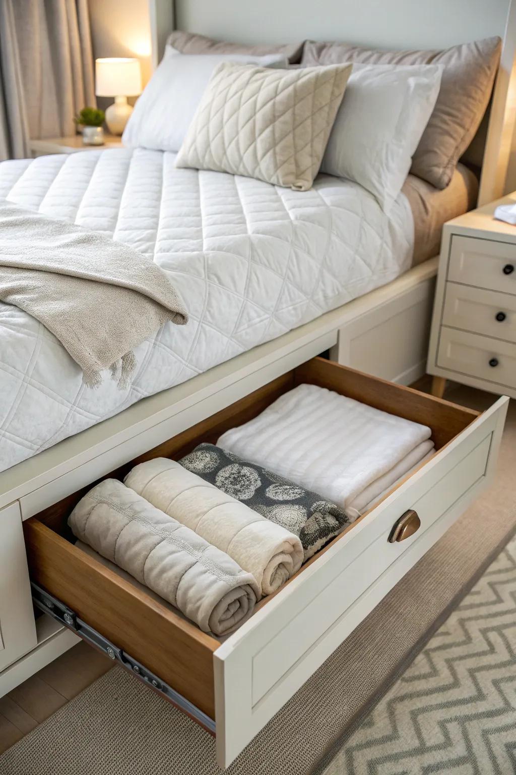 A bed drawer providing easy access to stored comforters.
