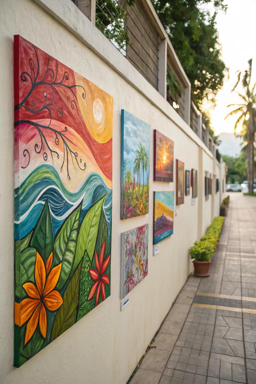 Wall adorned with abstract artwork featuring natural themes.