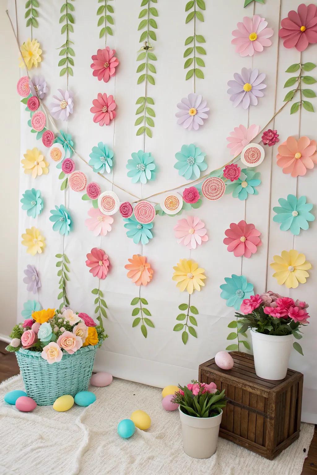 A personalized paper flower and hanging background provides a specialized detail for Easter pictures.