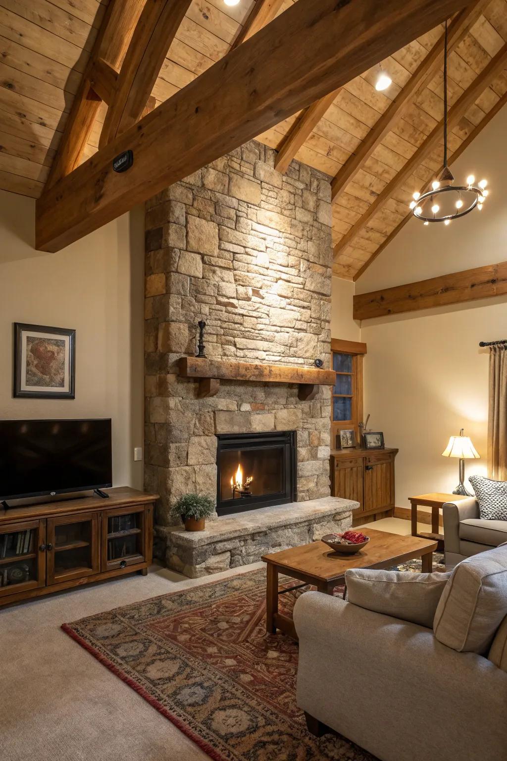 A rustic living room featuring stone and wood elements around an electric fireplace