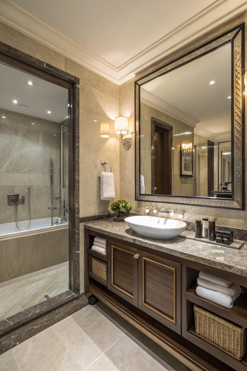 Designer hardware contributes a hint of class to this sophisticated bathroom.