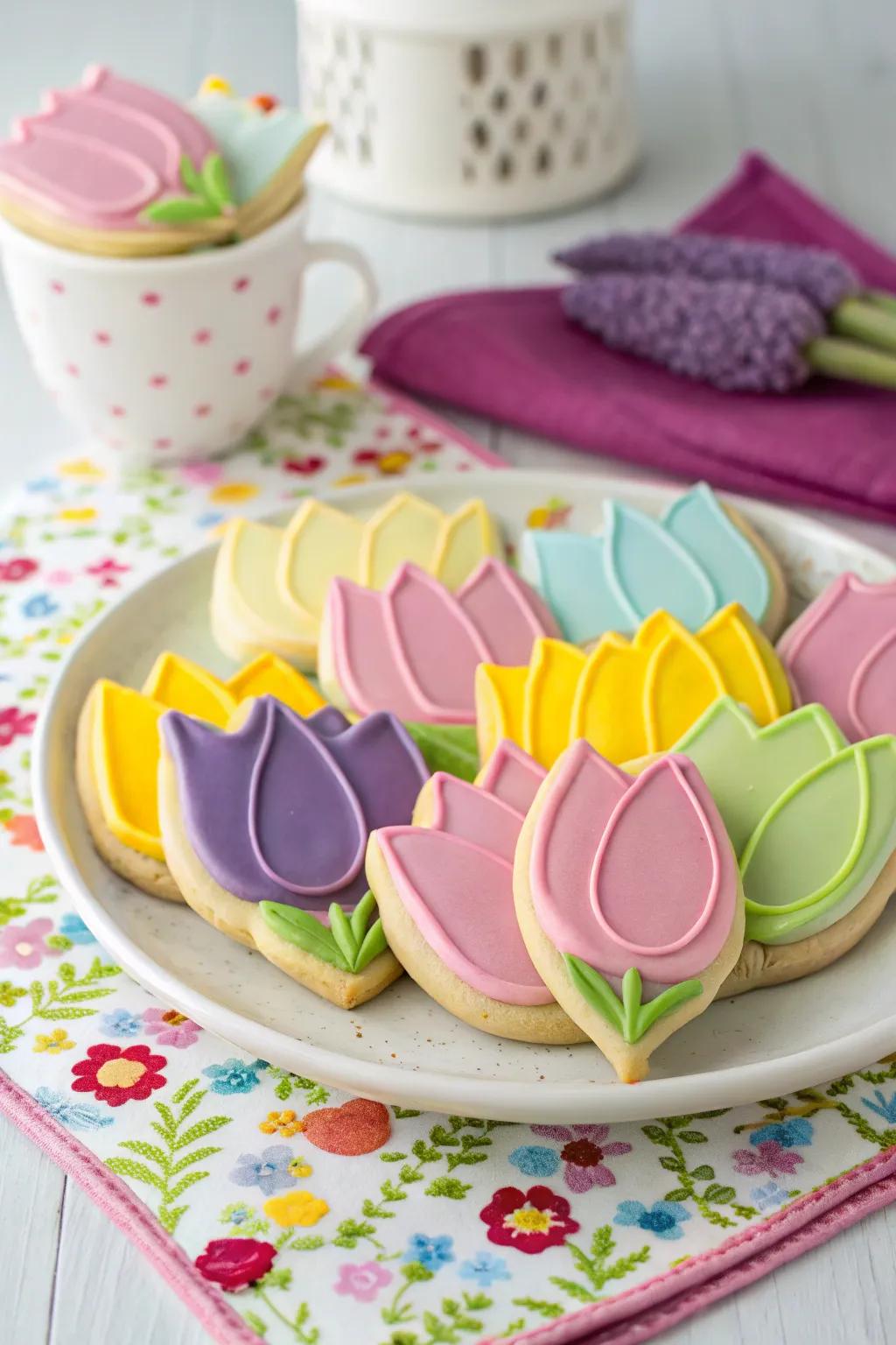 Whimsical tulip biscuits ready to charm your visitors.