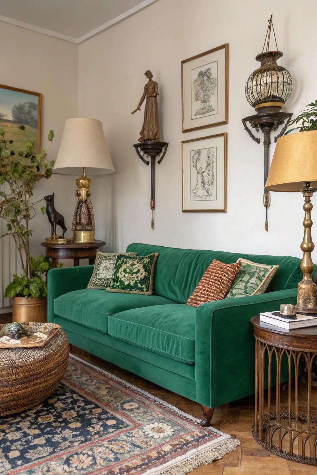 Eclectic accessories give character to a verdant couch.
