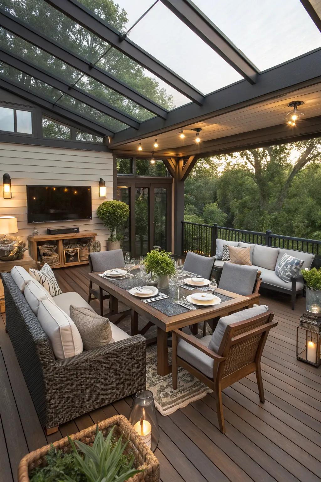 Segmented spaces for diverse activities on a sheltered patio.