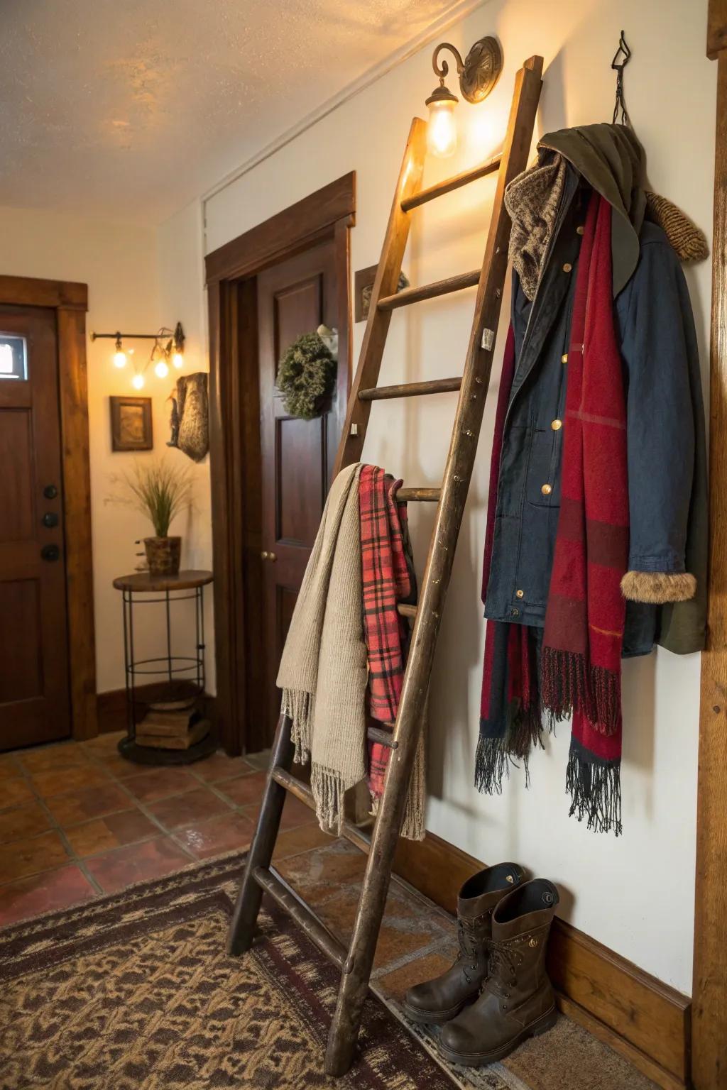 Repurpose an old ladder as a cool coat rack.