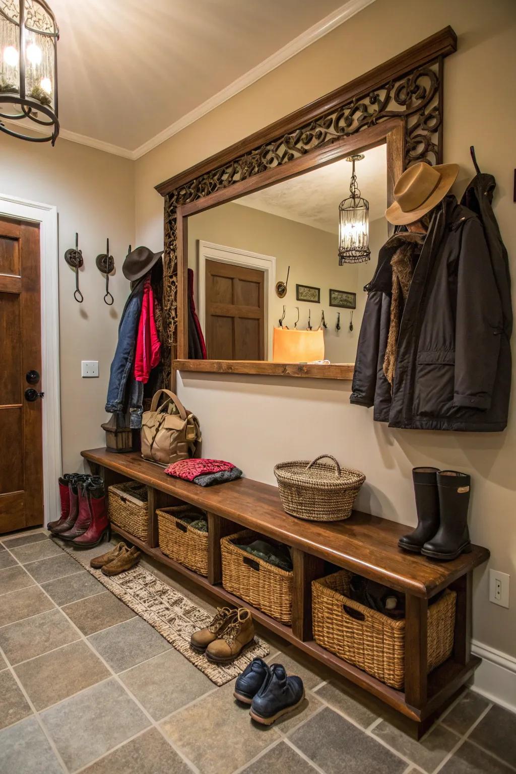 An elegant mirror enhances beauty and functionality in this mudroom.