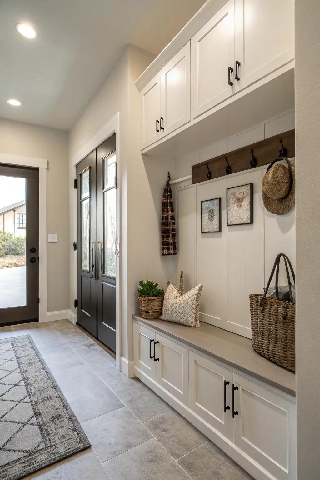 Wall-mounted cabinets keep your entryway sleek and clutter-free.