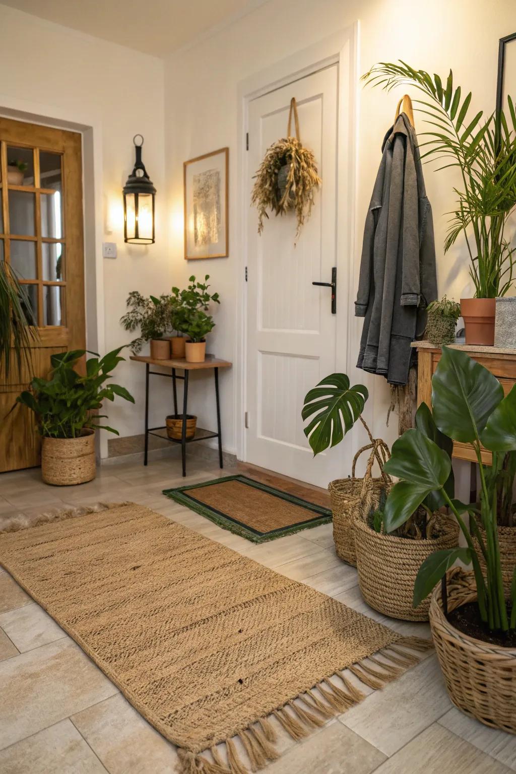 A foyer showcasing a jute rug and plants, designing a cozy and welcoming atmosphere.