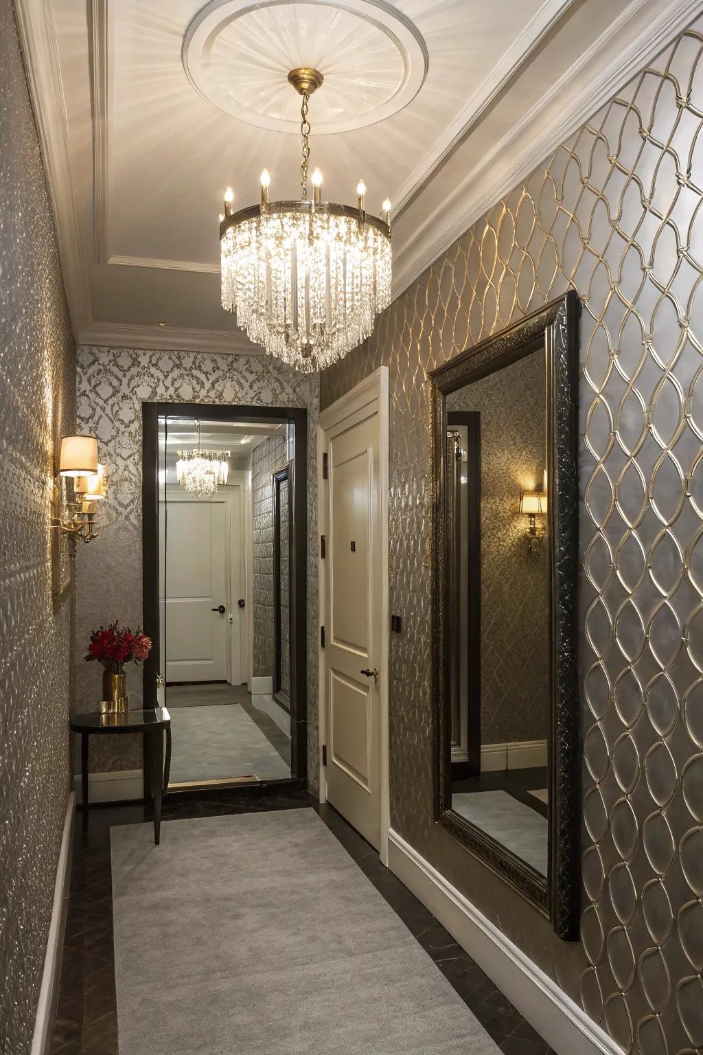 Luxurious entryway featuring metallic wallpaper for a glamorous appearance.